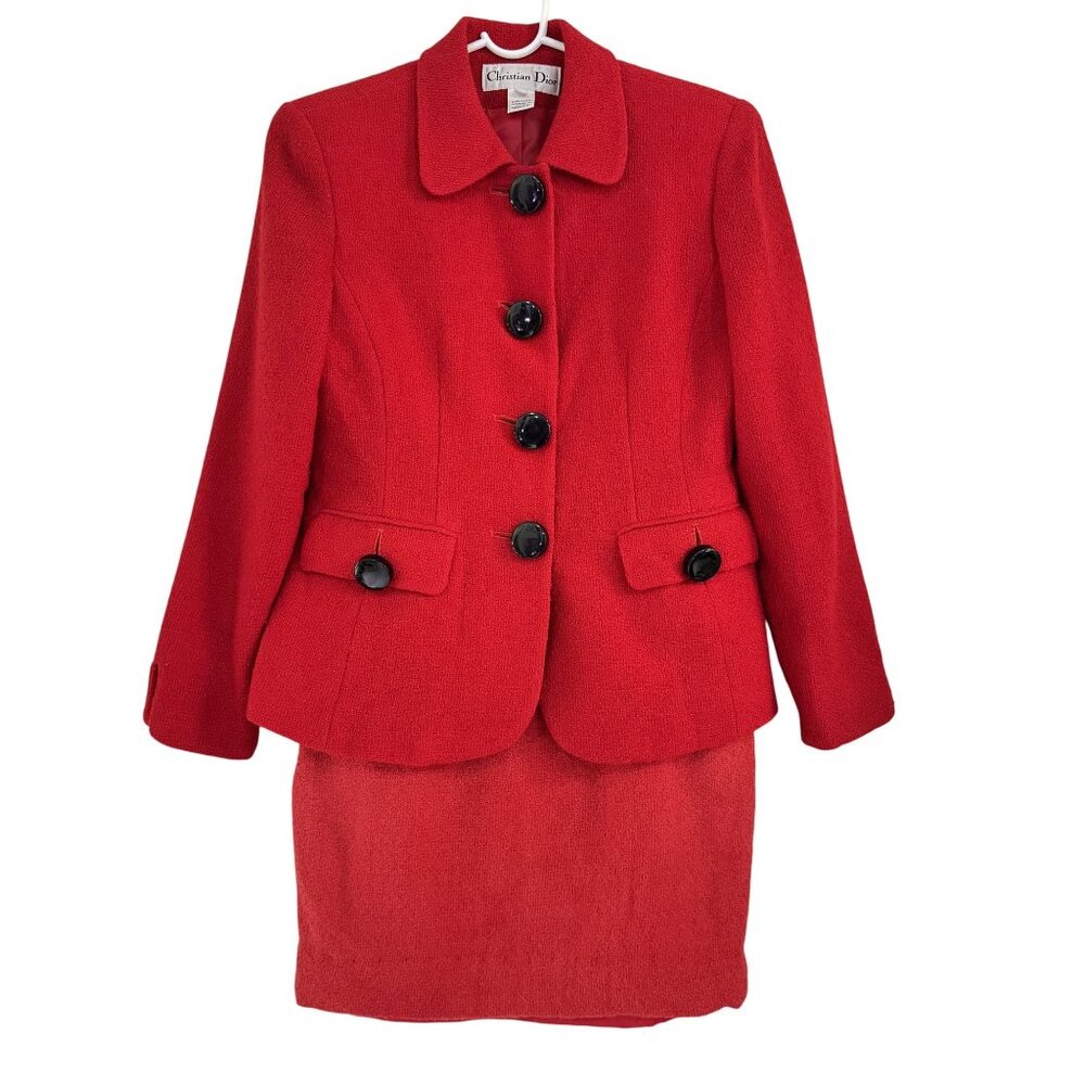 Vintage‎ Christian Dior Womens Red Wool Skirt Suit Set 2P Jacket & Skirt USA